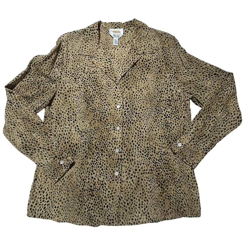 100% Silk Leopard Print Blouse 14 Animal Print Button Front 90s Style Mob Wife